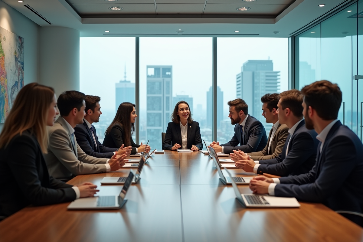Jeunes professionnels en discussion dans une salle de réunion avec vue urbaine