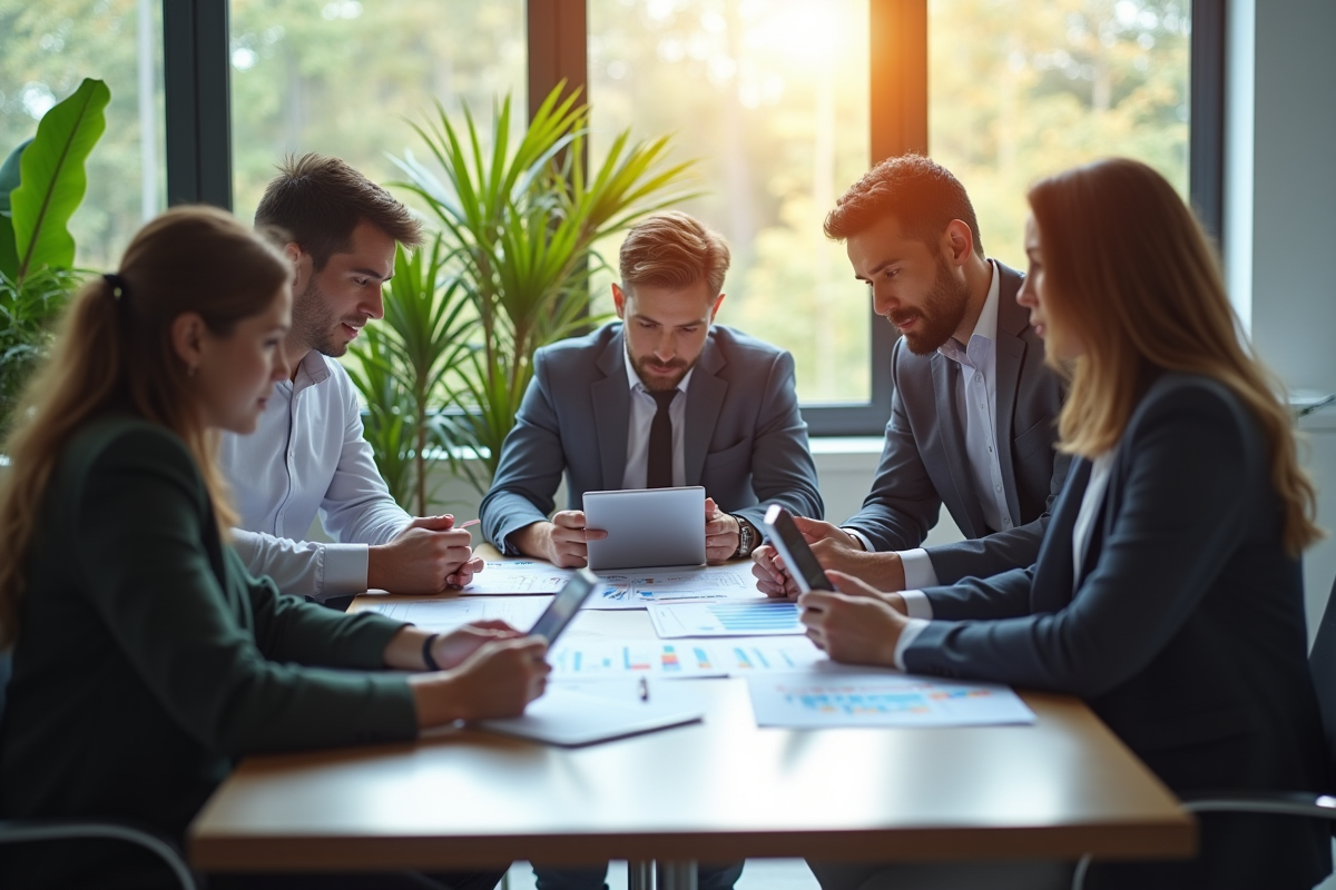 Groupe de professionnels autour d'une table moderne en réunion