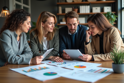 Groupe de professionnels collaborant autour d'une table de bureau moderne