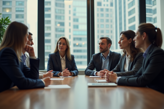 Groupe de professionnels en réunion dans une salle moderne