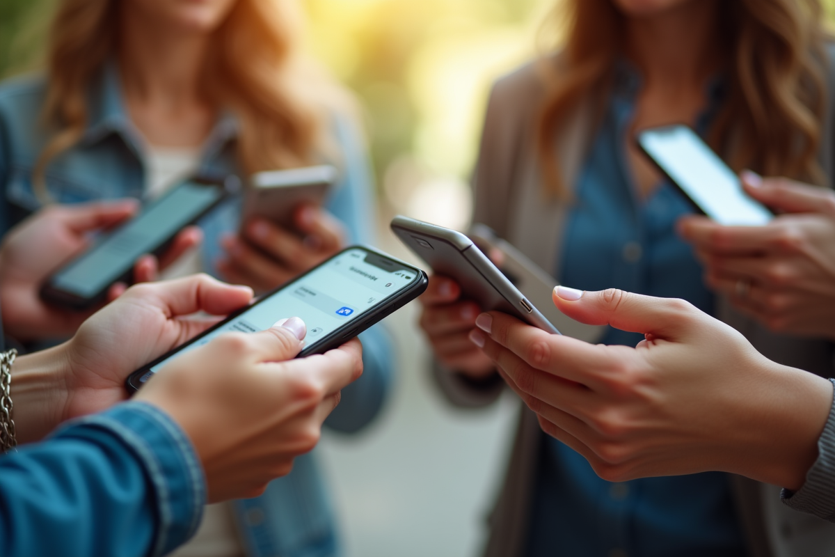 Groupe de mains tenant des smartphones affichant des messages de groupe