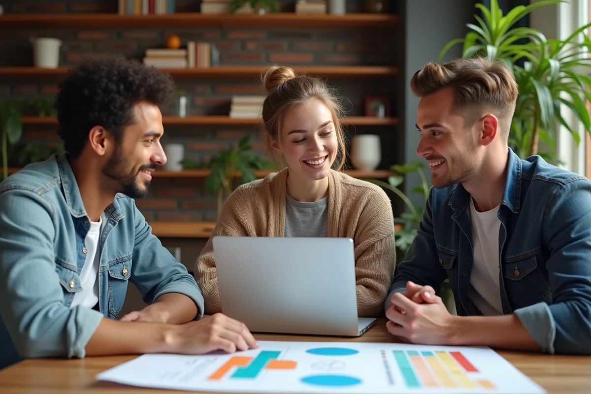 Groupe de jeunes professionnels discute stratégie en coworking