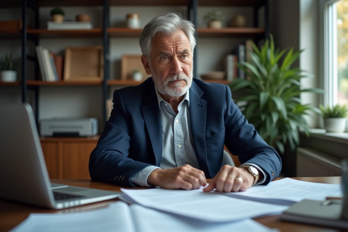 Homme de 55 ans consultant des documents administratifs liés au CSP à son bureau à domicile, expression préoccupée