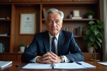 Homme d'affaires français en costume navy dans un bureau professionnel