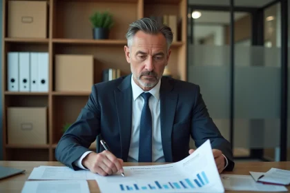 Homme d'affaires en costume examine un rapport financier