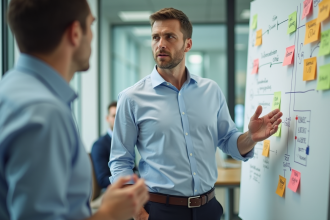 Homme d'affaires devant un whiteboard coloré