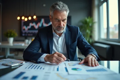 Homme d'affaires analysant des graphiques &eacute;conomiques