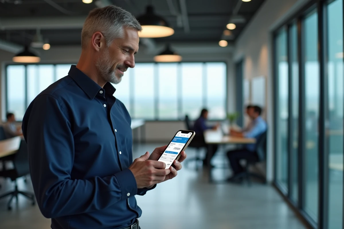 Homme d'affaires consultant une application mobile pour comparer Tovaraf et Moovbob avant une migration de compte