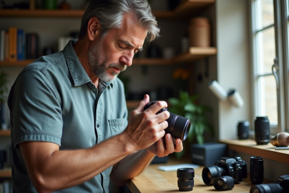 Homme d'âge moyen inspectant un objectif photo dans son atelier