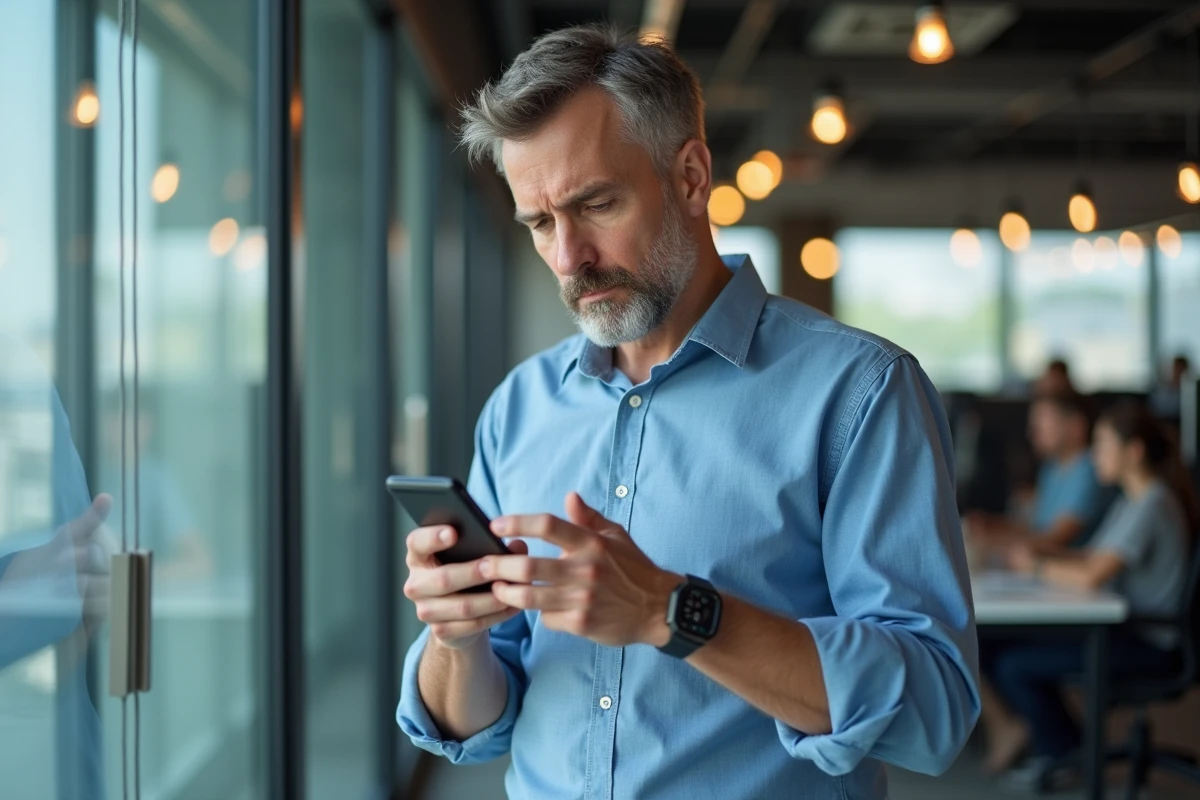 Homme en bureau regardant une notification d'appel manqué sur son téléphone avec méfiance