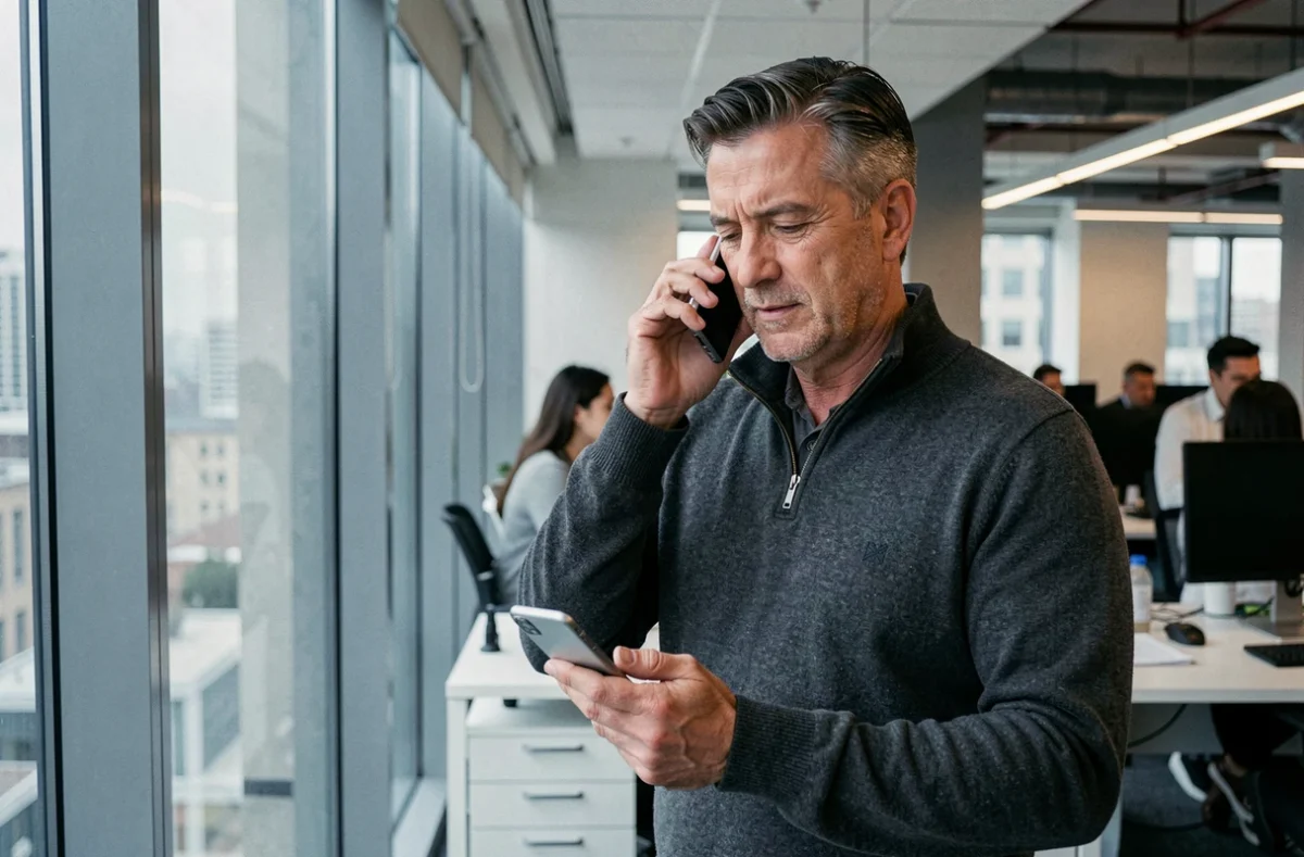 Homme en bureau contactant le service téléphonique Orange depuis son lieu de travail