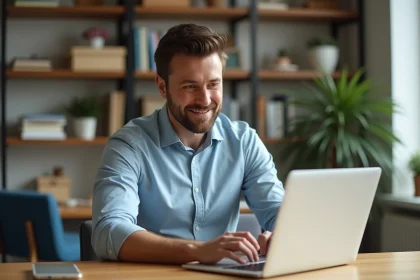 Homme concentr&eacute; travaillant sur son ordinateur dans un bureau moderne