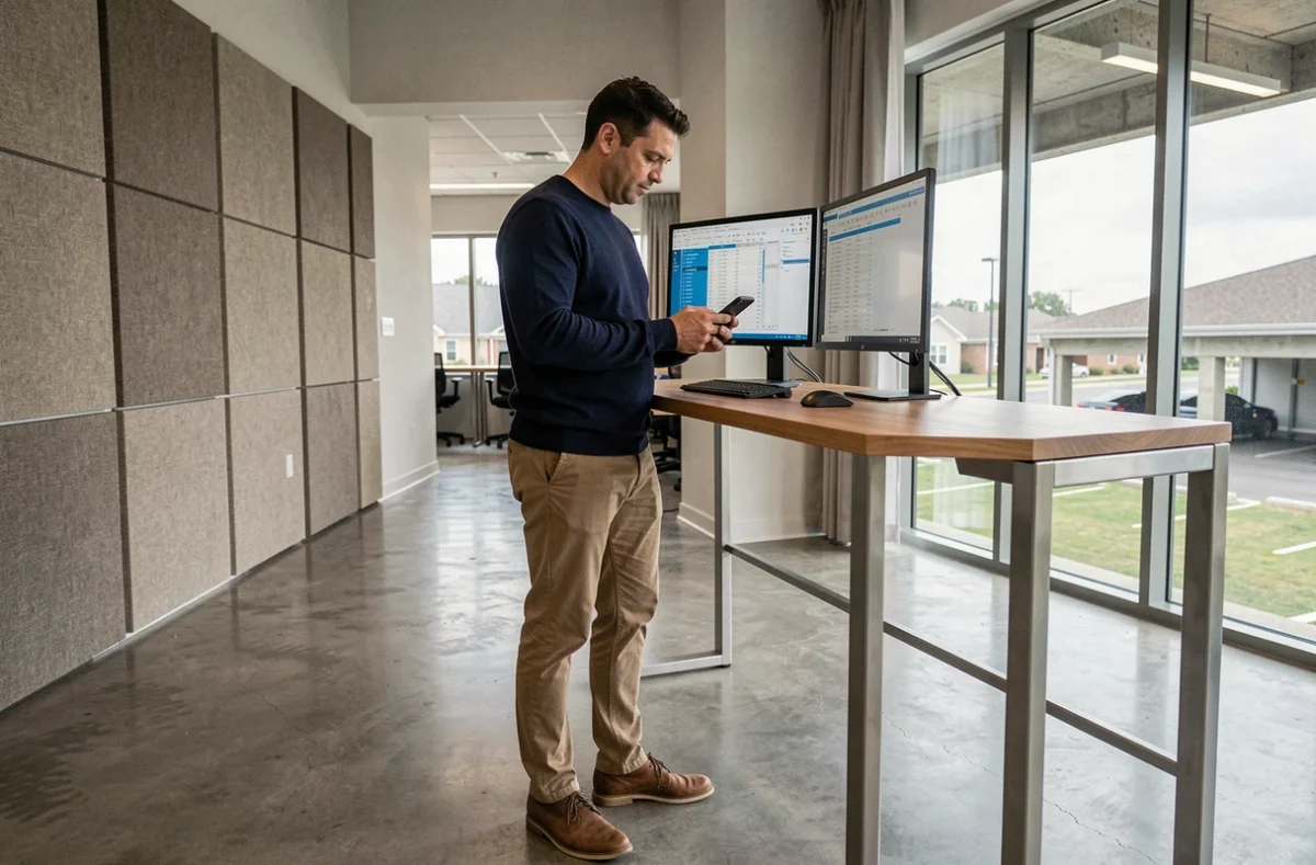 Homme debout à un bureau coworking partagé à Aubervilliers regardant son téléphone