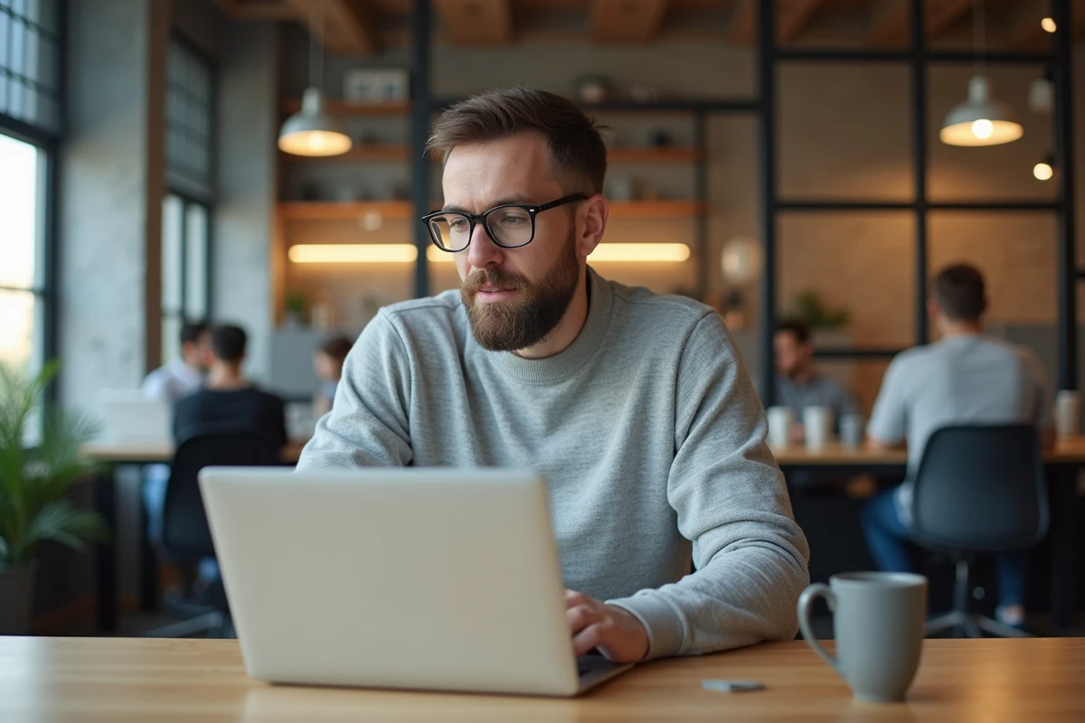 Homme professionnel barbu avec lunettes travaillant sur un ordinateur portable dans un espace de coworking moderne avec briques apparentes