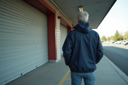 Homme d'&acirc;ge moyen devant un magasin sportif ferm&eacute;