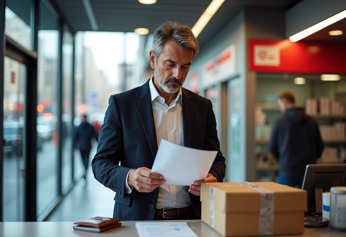 Homme d affaires vérifiant un document au bureau de poste
