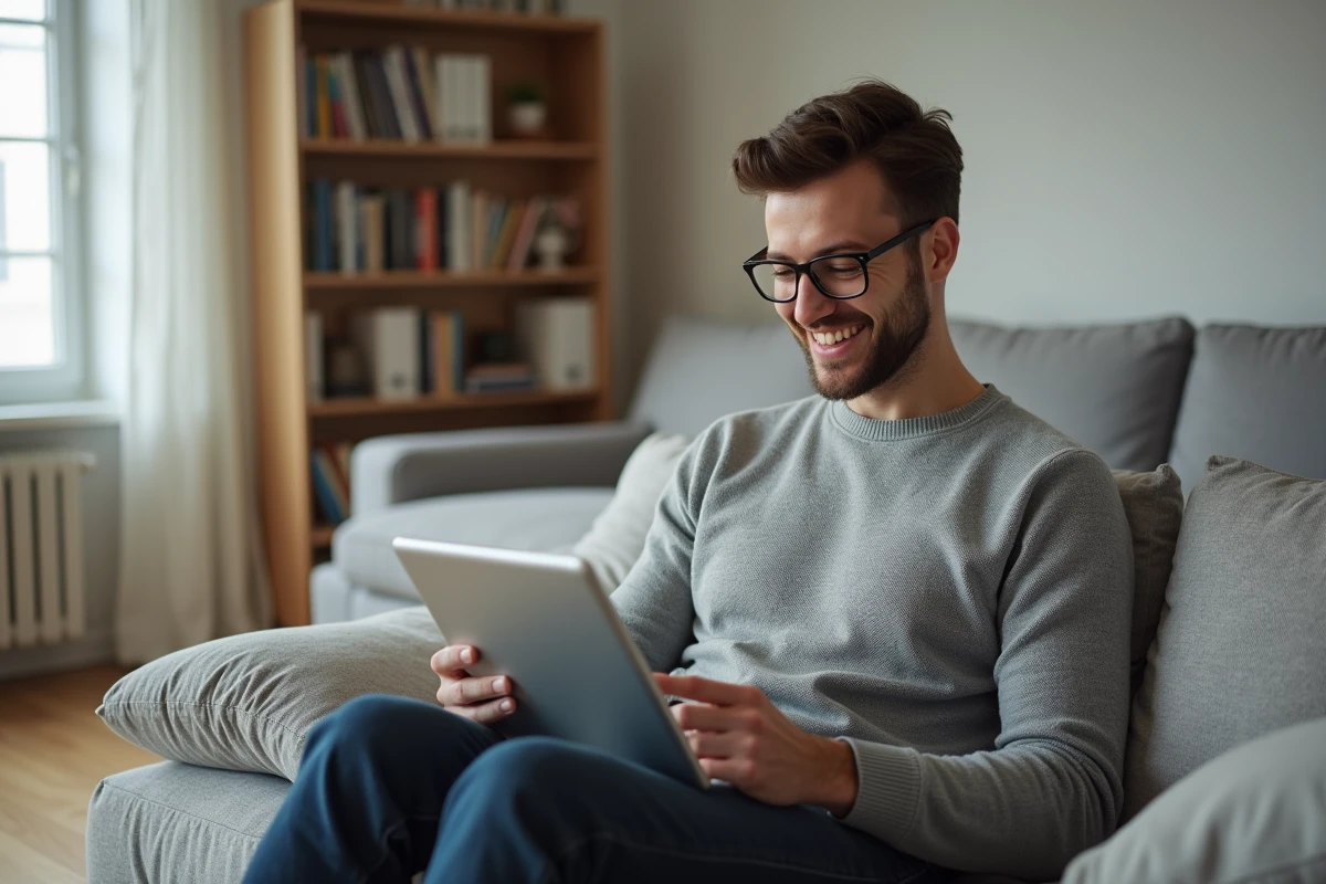 Homme détendu chez lui utilisant une tablette pour ses HR