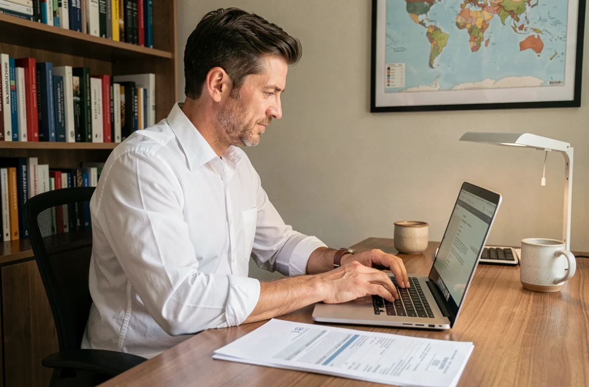 Homme rédigeant un email professionnel pour le règlement d'une facture depuis son bureau à domicile, avec une facture papier posée à côté du clavier