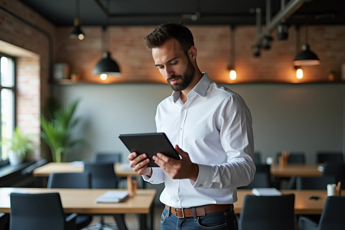 Homme consultant un guide business en ligne sur une tablette dans un espace de coworking moderne