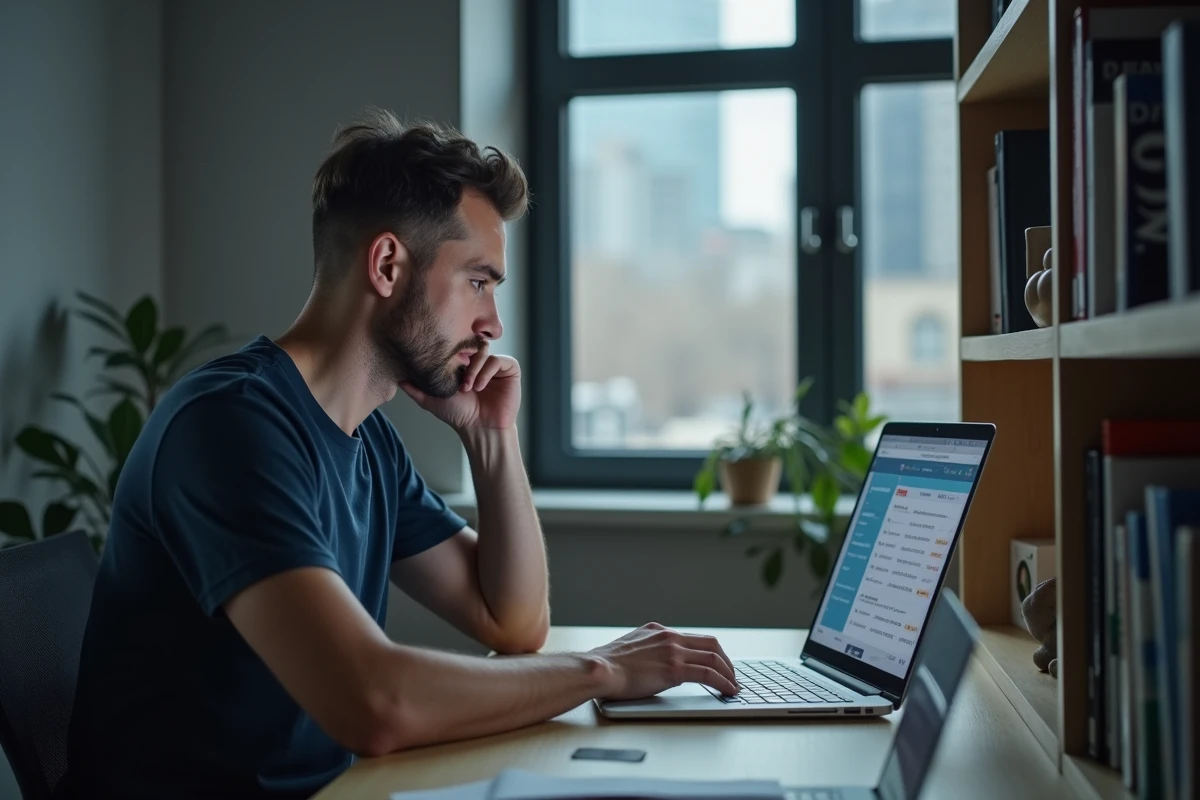 Homme indépendant concentré sur un tableau de calcul de taux horaire sur ordinateur portable dans son bureau à domicile