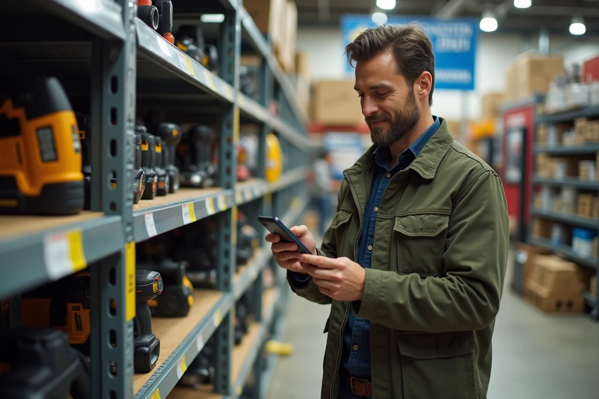 Homme vérifiant ses avantages CE Loxam sur smartphone dans un magasin de location de matériel
