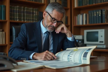 Homme d'&acirc;ge moyen en costume regardant un organigramme ancien