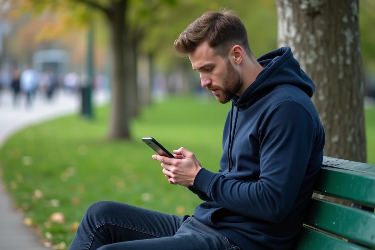Homme regardant graphique d Instagram dans un parc