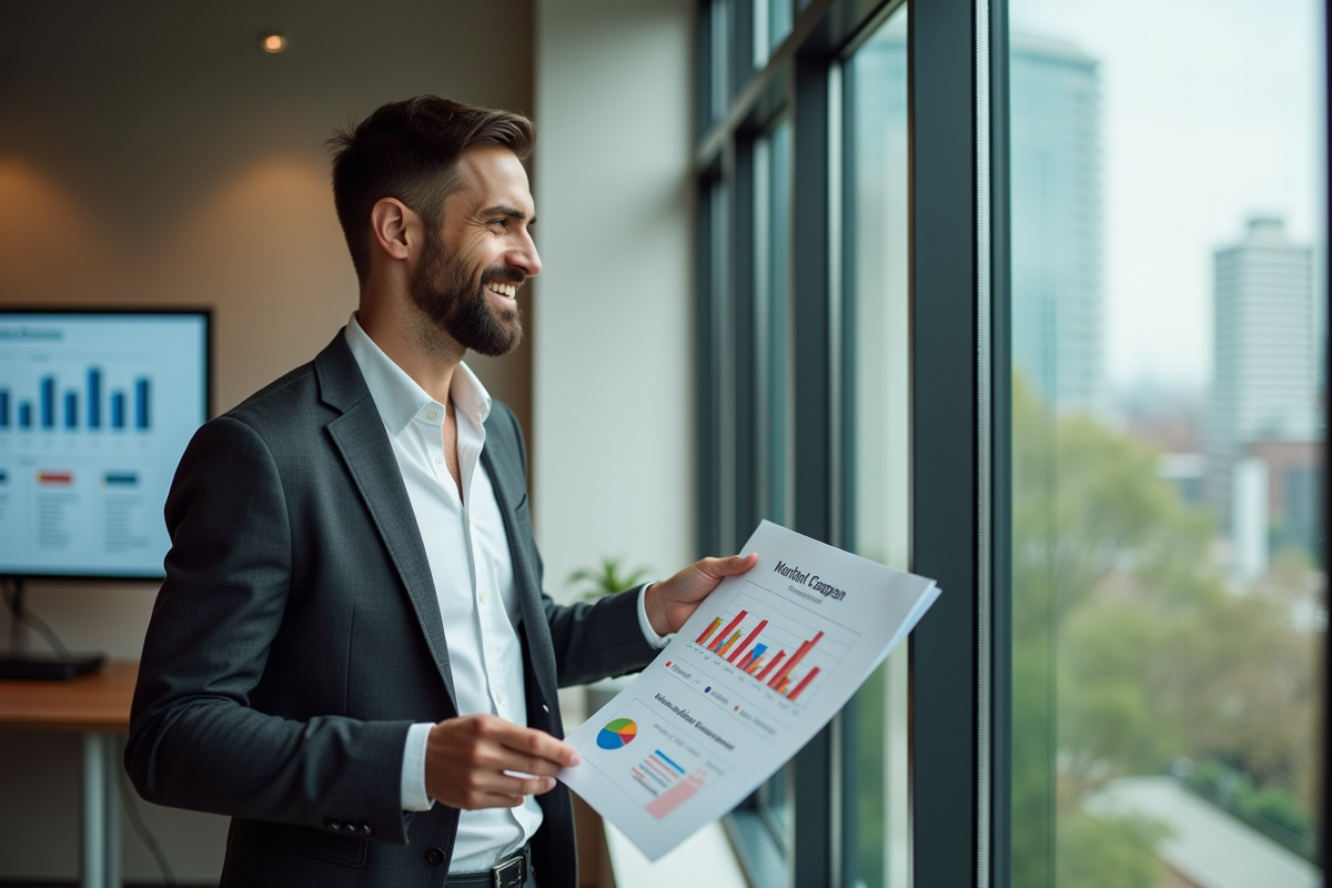 Jeune homme présentant une campagne marketing avec graphiques colorés