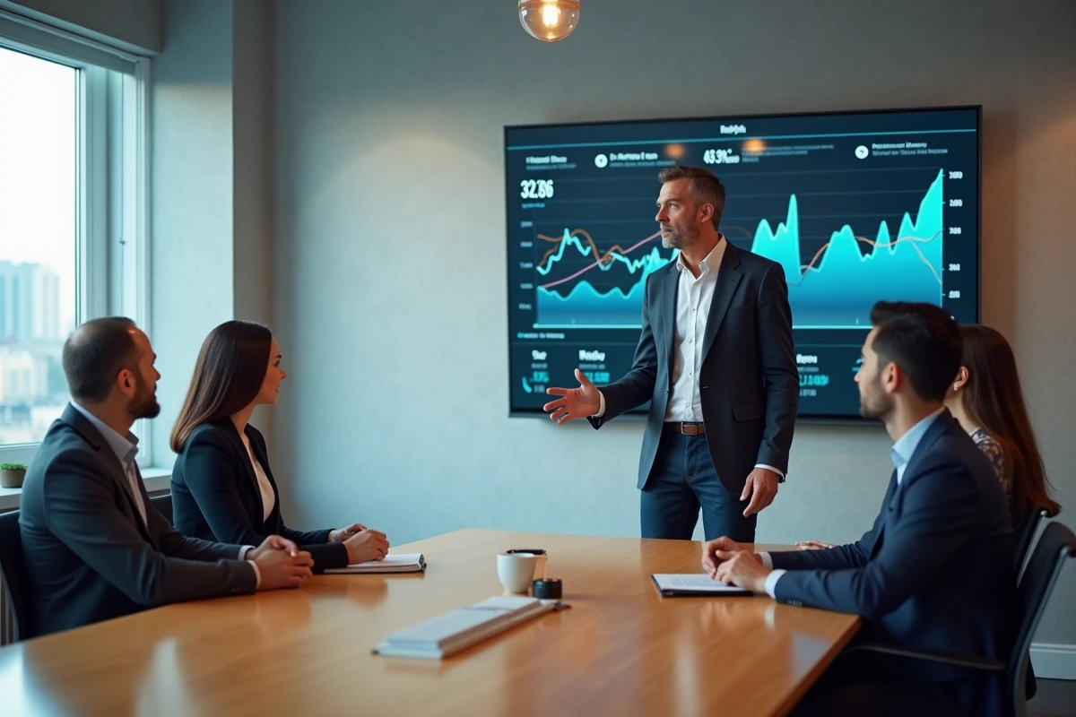 Homme en smart casual discutant devant un tableau digital