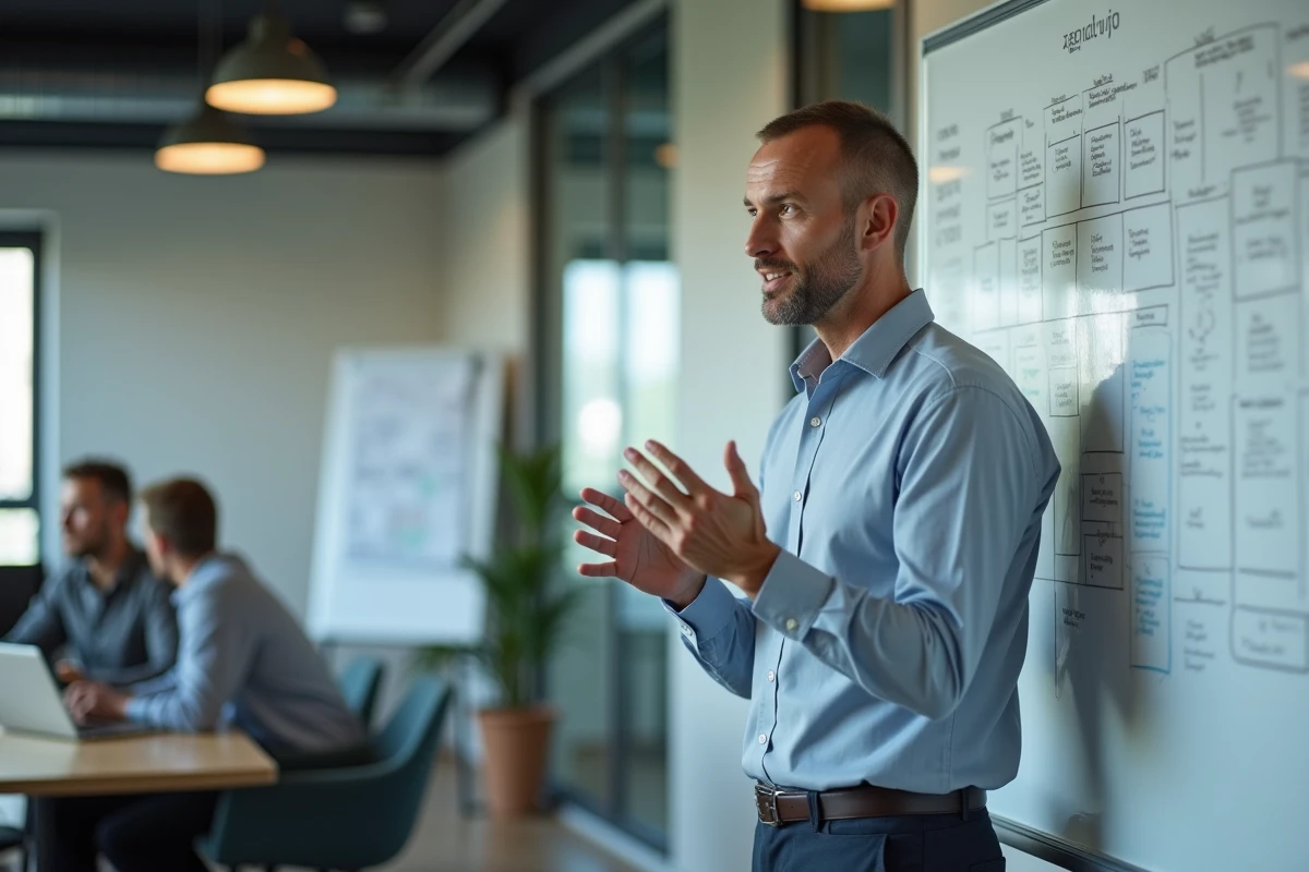 Homme expliquant un organigramme en réunion