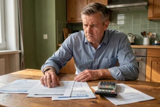 Homme frustré relisant un devis signé avec acompte à sa table de cuisine, entouré de documents contractuels et d'une calculatrice