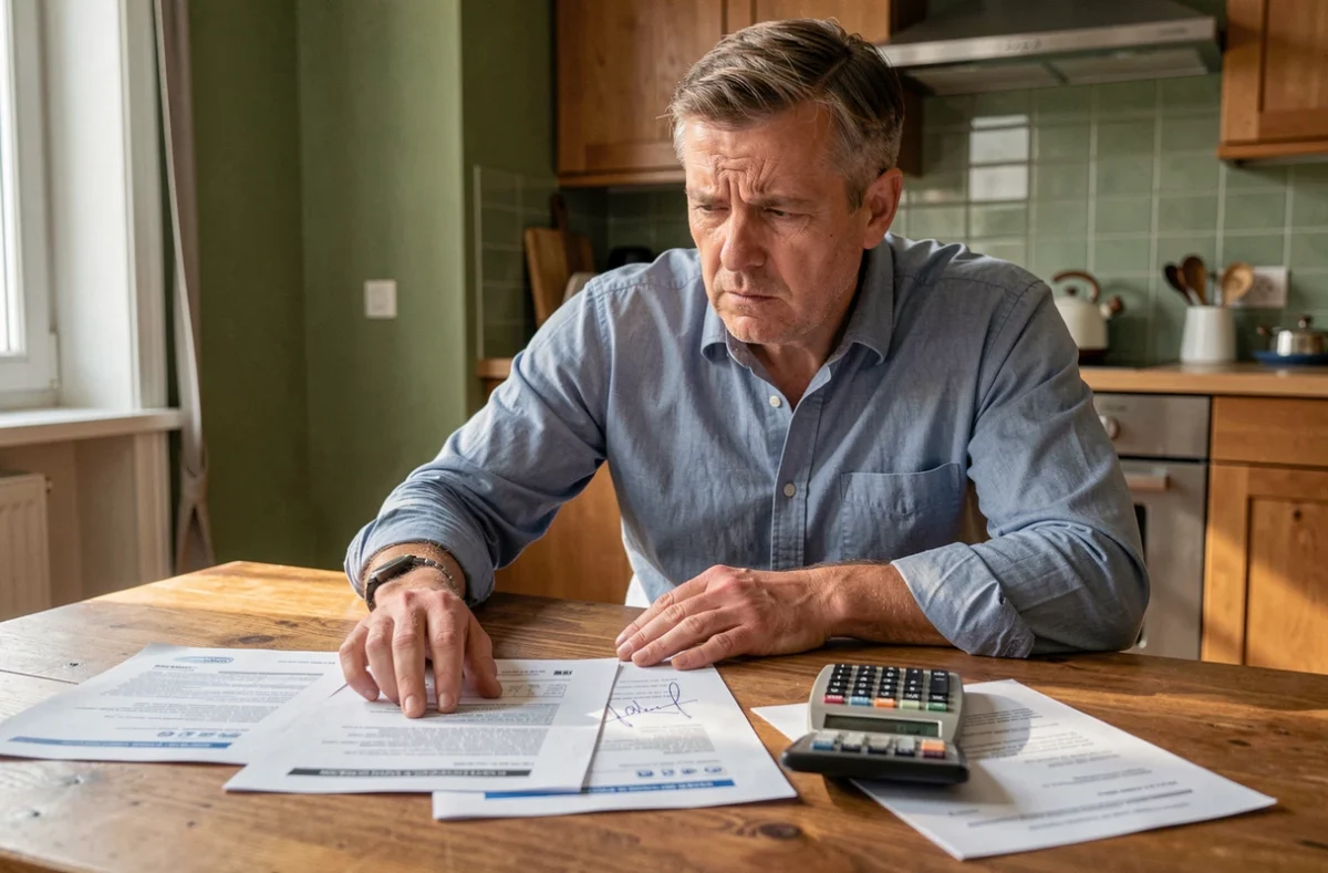 Homme frustré relisant un devis signé avec acompte à sa table de cuisine, entouré de documents contractuels et d'une calculatrice