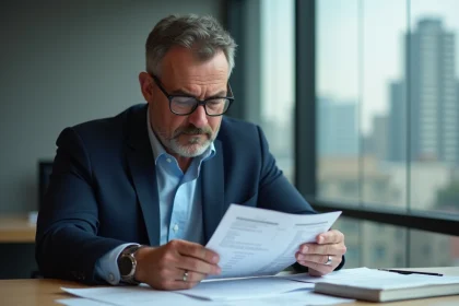 Homme d'&acirc;ge moyen en costume bleu examine des factures au bureau