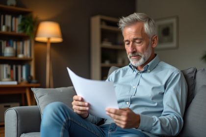 Homme en tenue d&eacute;contract&eacute;e relisant des papiers dans son salon