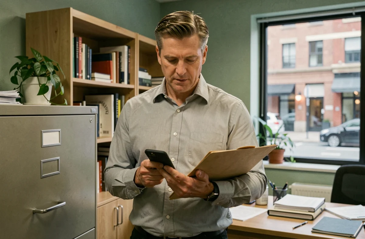 Homme vérifiant ses documents numériques sur smartphone avant un départ vers un nouvel employeur