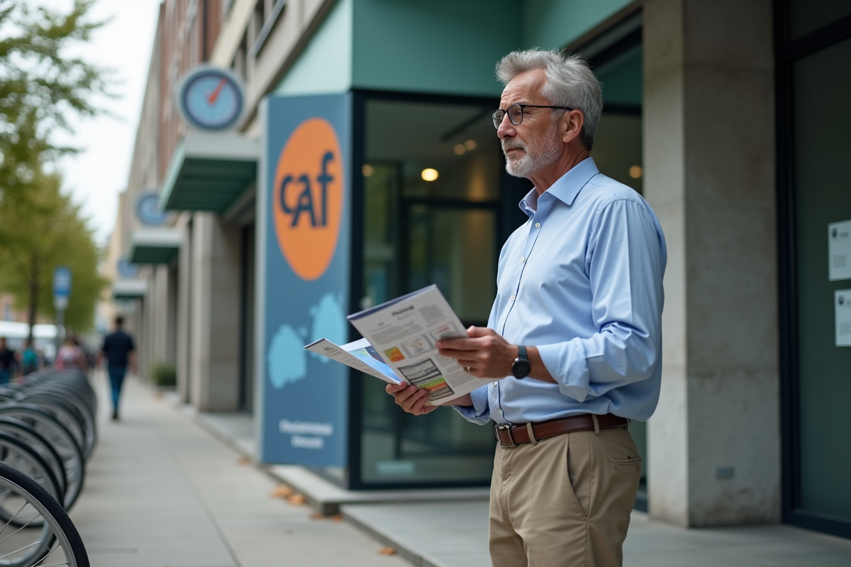 Homme français devant un bureau CAF tenant des brochures informatives