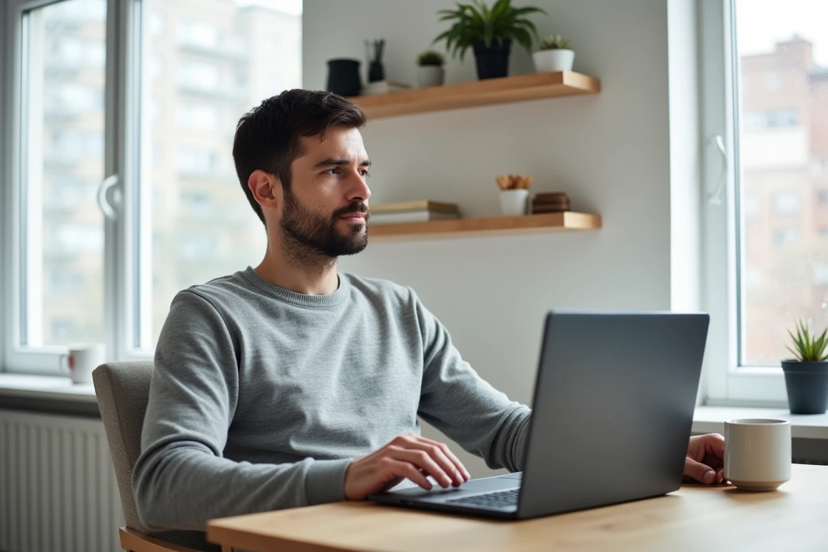 Homme travaillant sur une stratégie de visibilité numérique depuis un bureau à domicile minimaliste