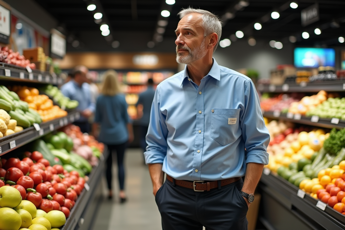 Homme français en tenue casual dans un supermarché moderne