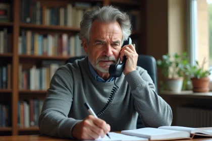 Homme d'âge mûr au téléphone fixe à son bureau pour contacter le service client France Télécom