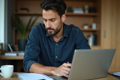 Homme concentr&eacute; travaillant &agrave; son bureau &agrave; domicile