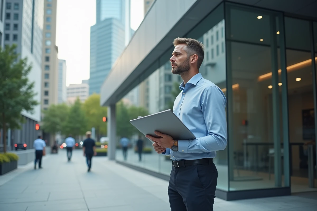 Homme d affaires regardant la ville devant un bâtiment moderne