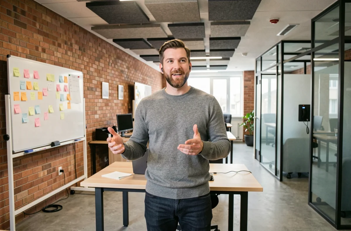 Homme en visioconférence dans un espace de coworking de Bourgoin-Jallieu avec cabines téléphoniques