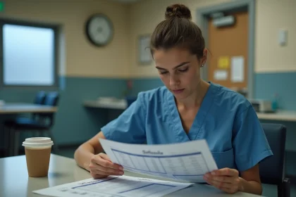 Infirmière de nuit qui compare son planning de travail et ses fiches de paie dans une salle de pause hospitalière