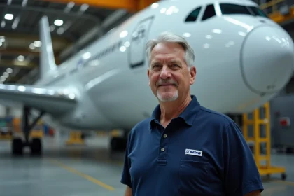 Ingénieur Boeing devant le fuselage d'un 787 Dreamliner dans un hangar d'assemblage industriel