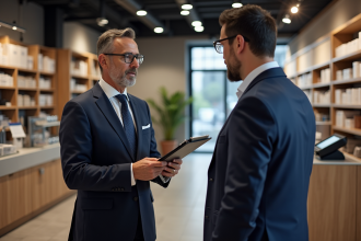 Inspecteur en costume parlant avec un commerçant dans un magasin