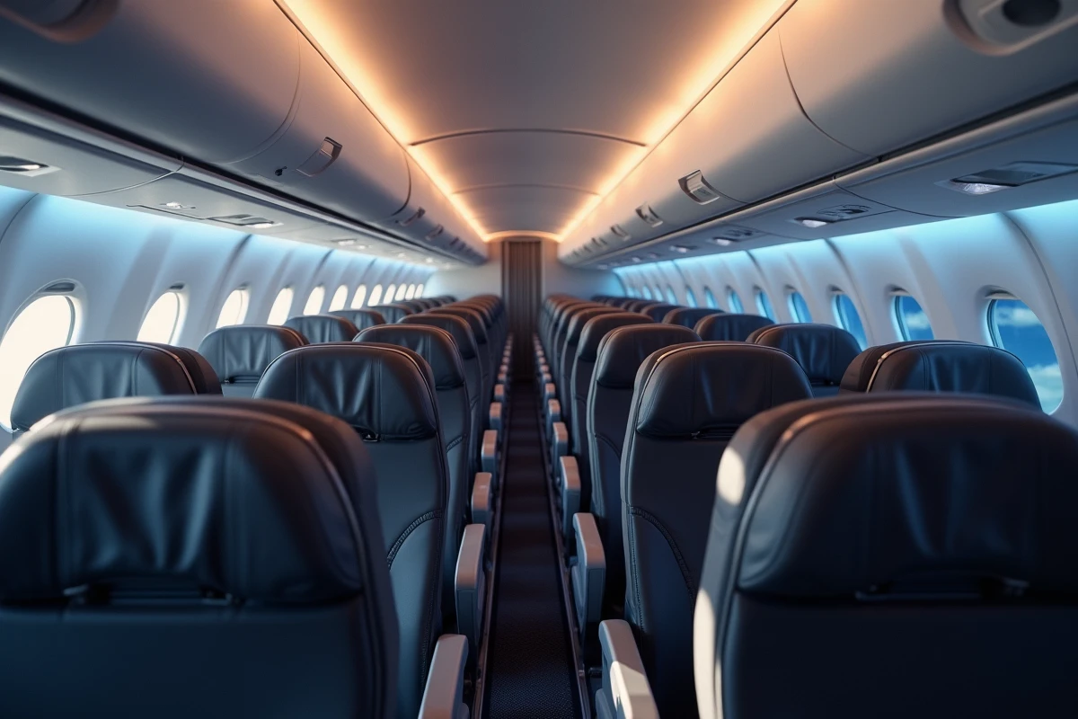 Intérieur de cabine premium economy d'un Airbus A350 en vol long-courrier avec sièges en tissu gris