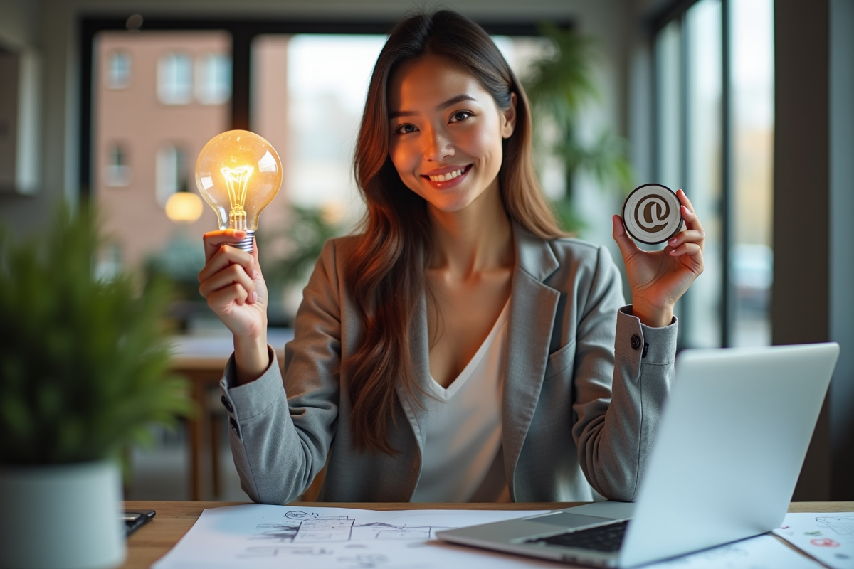 Jeune designer confiante avec ampoule et symbole copyright
