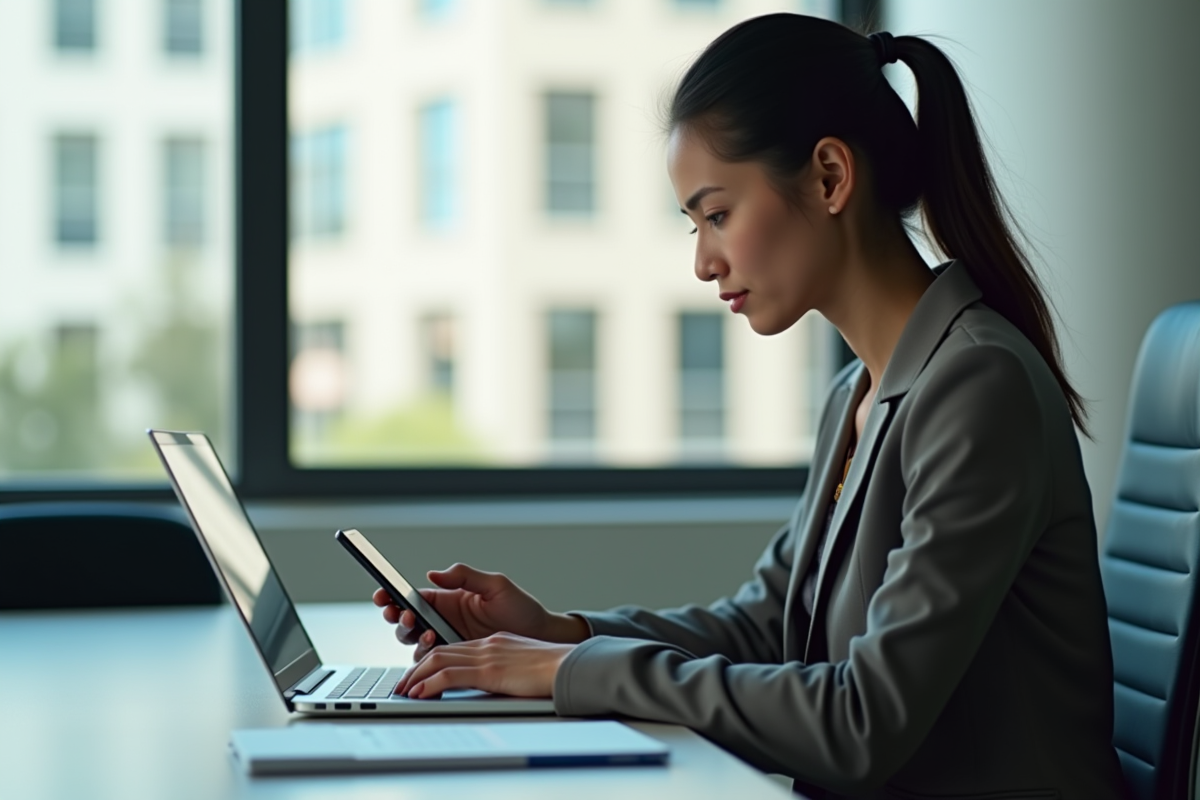 Jeune femme d'affaires dans un bureau moderne tapant une campagne SMS