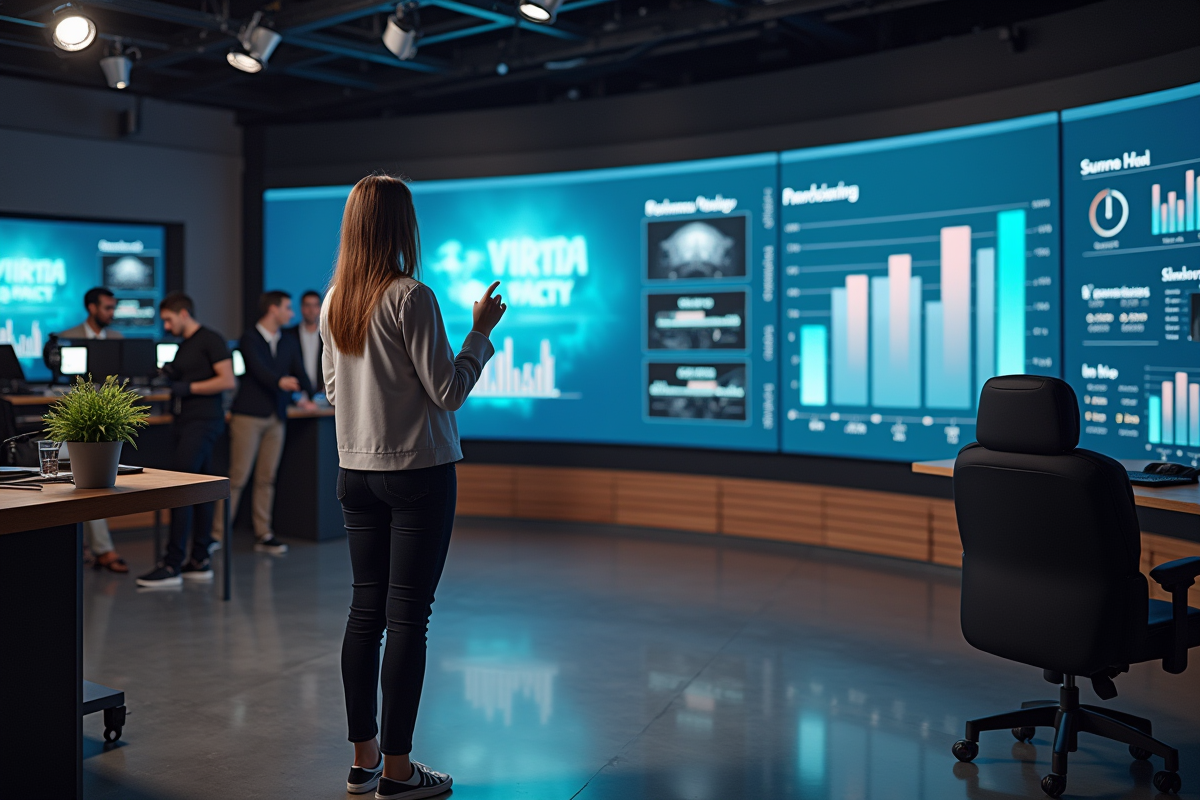Jeune femme dans une salle de télévision dynamique