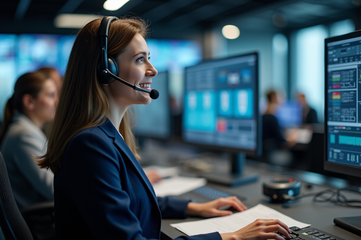 Jeune femme parlant au micro dans une salle de contrôle audiovisuelle